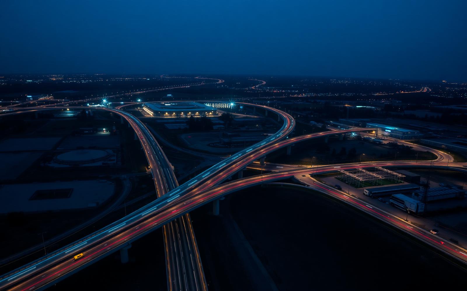 Aerial night view of a city infrastructure corridor with roads, substation and treatment plant
